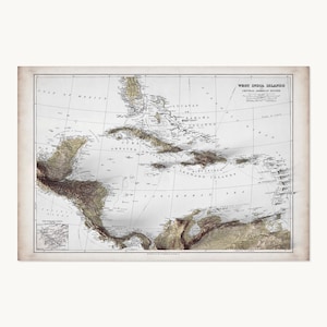 Caribbean Map | Topographic Shaded Relief Map (1904 Reproduction) | Flat Prints That Look 3D!