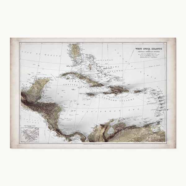 Caribbean Map | Topographic Shaded Relief Map (1904 Reproduction) | Flat Prints That Look 3D!