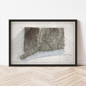 Connecticut Map  (1893) - Elevation Map - Map Art - Topographic - Terrain - Relief - Geologic - 3D Effect (Flat Print) - Gift