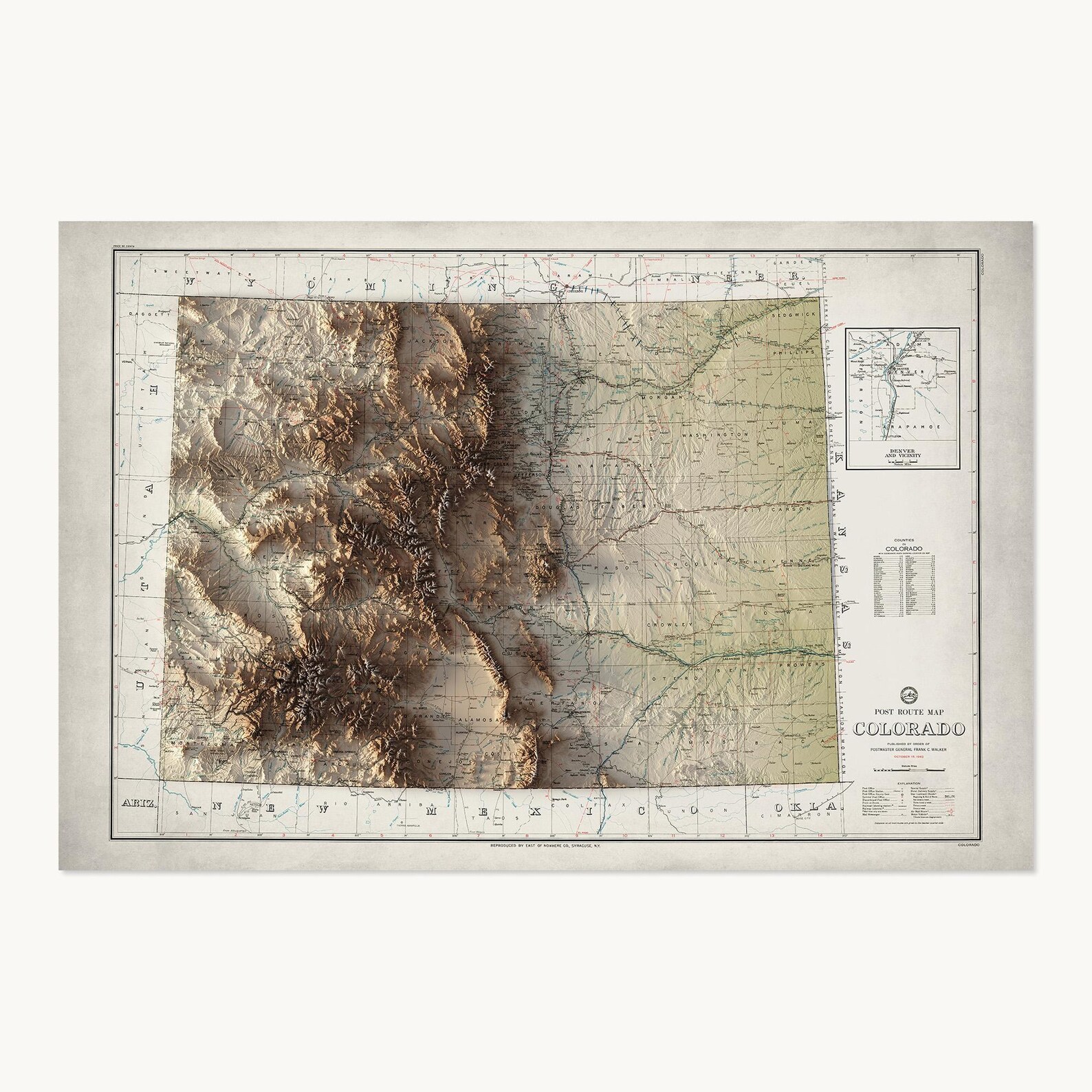 Colorado Poster | Topographic Shaded Relief Map (1942 Reproduction ...
