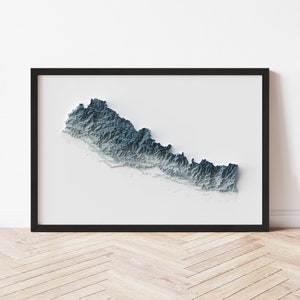 Nepal Topographische Karte Poster | Minimalistisches Originaldesign | Giclee Wand Kunst Druck gerahmt Wohnkultur 3D Relief Illusion
