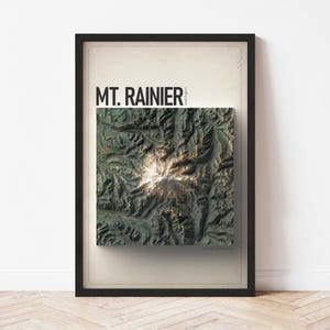 May include: A framed print featuring a 3D topographical map of Mt. Rainier. The map is in shades of green and brown, with a bright, central peak. The words "MT. RAINIER" are printed in bold, black letters at the top.