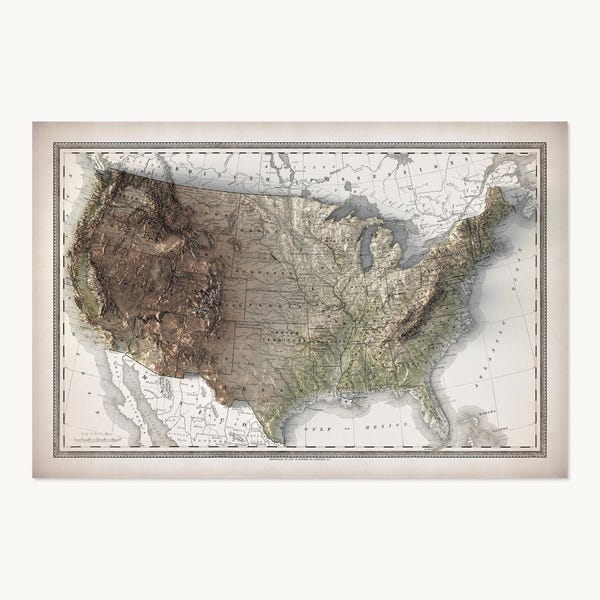 United States Poster | Topographic Shaded Relief Map (1889 Reproduction) | Flat Prints That Look 3D!