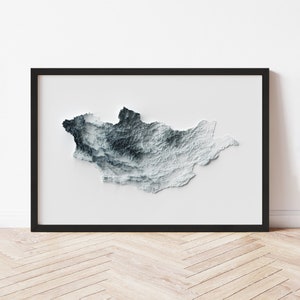 Mongolia Topographic Map Poster | Minimalist Original Design | Giclee Wall Art Print Framed Home Decor 3D Relief Illusion