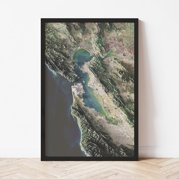 Bay Area Map | Satellite Imagery Stylized with Shaded Topographic Relief | 2D Giclée Print on Fine Art Matte Paper