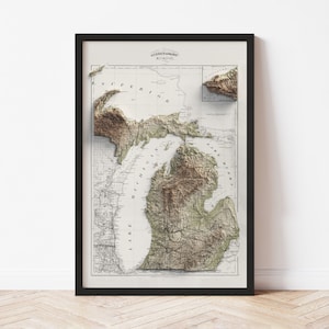 Michigan Map  (1875) - Elevation Map - Map Art - Topographic - Terrain - Relief - Geologic - 3D Effect (Flat Print) - Gift