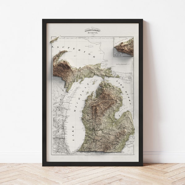 Michigan Map  (1875) - Elevation Map - Map Art - Topographic - Terrain - Relief - Geologic - 3D Effect (Flat Print) - Gift