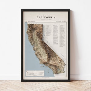 California Map  (1950) - Elevation Map - Map Art - Topographic - Terrain - Relief - Geologic - 3D Effect (Flat Print) - Gift