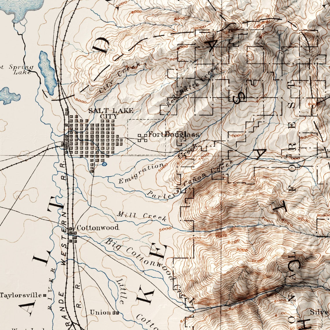 Salt Lake City Map Vintage Style Terrain Map Shaded Etsy