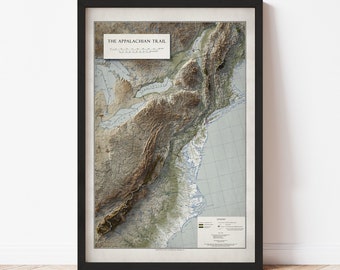 Appalachian Trail Map  (1981) - Elevation Map - Map Art - Topographic - Terrain - Relief - Geologic - 3D Effect (Flat Print) - Gift
