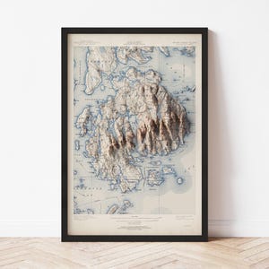 May include: A framed vintage map of Mount Desert Island, Maine, with a 3D topographic relief. The map features shades of beige, blue, and brown, with detailed coastlines and geographical features. The map is encased in a black frame and displayed against a white wall.