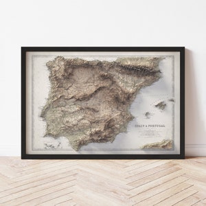 Spain and Portugal Topographic Map: 1911 Vintage Style Giclée Print