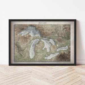 Great Lakes Map  (1955) - Elevation Map - Map Art - Topographic - Terrain - Relief - Geologic - 3D Effect (Flat Print) - Gift