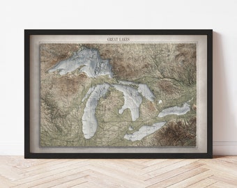 Great Lakes Map  (1955) - Elevation Map - Map Art - Topographic - Terrain - Relief - Geologic - 3D Effect (Flat Print) - Gift