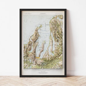 Grand Traverse Bay Map  (1958) - Elevation Map - Map Art - Topographic - Terrain - Relief - Geologic - 3D Effect (Flat Print) - Gift