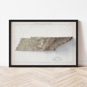 Tennessee Map  (1924) - Elevation Map - Map Art - Topographic - Terrain - Relief - Geologic - 3D Effect (Flat Print) - Gift