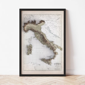 Italy Map  (1897) - Elevation Map - Map Art - Topographic - Terrain - Relief - Geologic - 3D Effect (Flat Print) - Gift