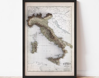 Italy Map  (1897) - Elevation Map - Map Art - Topographic - Terrain - Relief - Geologic - 3D Effect (Flat Print) - Gift