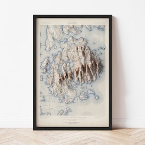 Acadia National Park Topographic Map Poster | 1904 Vintage Replica | Giclee Wall Art Print | Framed Home Decor | 3D Relief Illusion