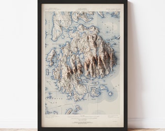 Mount Desert Island Map  (1904) - Elevation Map - Map Art - Topographic - Terrain - Relief - Geologic - 3D Effect (Flat Print) - Gift
