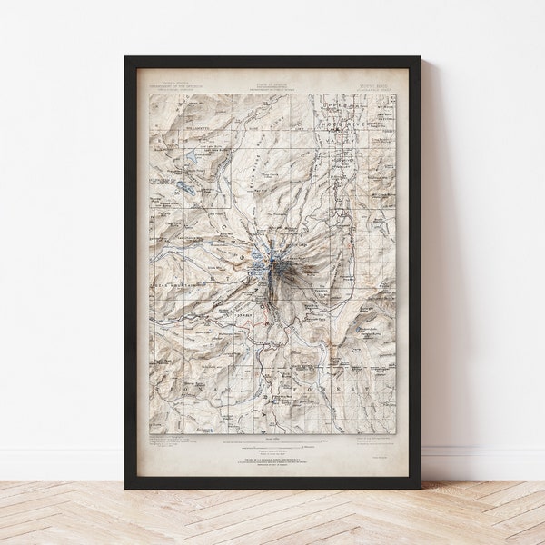 Mount Hood Map  (1924) - Elevation Map - Map Art - Topographic - Terrain - Relief - Geologic - 3D Effect (Flat Print) - Gift