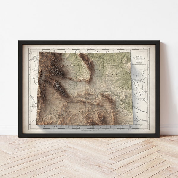 Wyoming Map  (1901) - Elevation Map - Map Art - Topographic - Terrain - Relief - Geologic - 3D Effect (Flat Print) - Gift