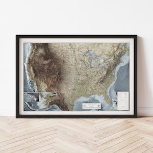 United States Map  (1970) - Elevation Map - Map Art - Topographic - Terrain - Relief - Geologic - 3D Effect (Flat Print) - Gift