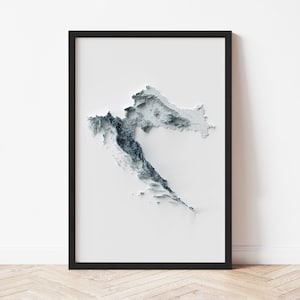 Croatia Topographic Map Poster | Minimalist Original Design | Giclee Wall Art Print Framed Home Decor 3D Relief Illusion