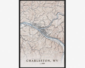 Charleston, WV Map (1909) - Vintage Reproduction - Giclée Poster Print - Gift