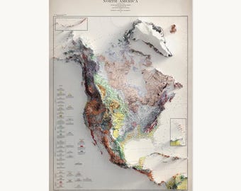 North America Map | Topographic Shaded Relief Map (1911 Reproduction) | Flat Prints That Look 3D!