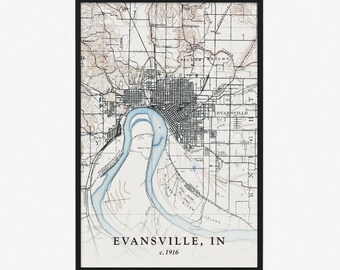 Evansville Map (1916) - Vintage Reproduction - Giclée Poster Print - Gift