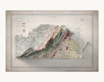 Op de afbeelding: Een vintage geologische kaart getiteld The Geology of Virginia, met een reliëfeffect. De kaart toont diverse gekleurde regio's die geologische formaties vertegenwoordigen, met gedetailleerde topografische lijnen, tekstlabels en een legenda.