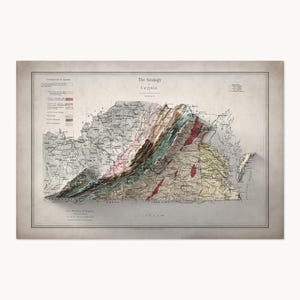 May include: Antique map print of Virginia's geology, featuring a detailed topographical view with color-coded geological formations. The map includes text: "The Geology Virginia" and is framed with a neutral border.