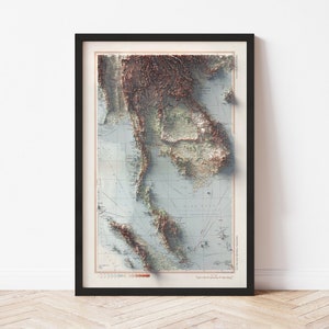 Southeast Asia Map  (1967) - Elevation Map - Map Art - Topographic - Terrain - Relief - Geologic - 3D Effect (Flat Print) - Gift