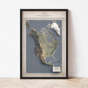 North America Map - Elevation Map - Map Art - Topographic - Terrain - Relief - Geologic - 3D Effect (Flat Print)