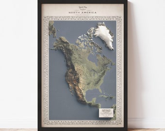 North America Map - Elevation Map - Map Art - Topographic - Terrain - Relief - Geologic - 3D Effect (Flat Print) - Gift