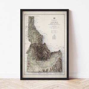 Idaho Map  (1938) - Elevation Map - Map Art - Topographic - Terrain - Relief - Geologic - 3D Effect (Flat Print) - Gift