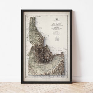 Idaho Topographic Map Poster | 1938 Vintage Replica | Giclee Wall Art Print | Framed Home Decor | 3D Relief Illusion