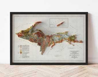 Póster del mapa topográfico de la Península Superior / Réplica vintage de 1911 / Impresión giclée para pared / Decoración del hogar enmarcada / Ilusión de relieve 3D