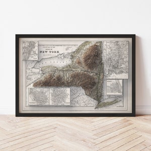 New York Topographic Map Poster | 1886 Vintage Replica | Giclee Wall Art Print | Framed Home Decor | 3D Relief Illusion