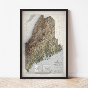 Maine Map  (1942) - Elevation Map - Map Art - Topographic - Terrain - Relief - Geologic - 3D Effect (Flat Print) - Gift