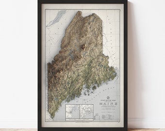 Maine Map  (1942) - Elevation Map - Map Art - Topographic - Terrain - Relief - Geologic - 3D Effect (Flat Print) - Gift