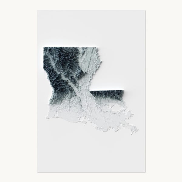 Louisiana Map | Topographic Shaded Relief Map (Minimalist Style) | Flat Prints That Look 3D!