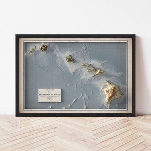 Hawaii Topographic Map Poster | 1918 Vintage Replica | Giclee Wall Art Print | Framed Home Decor | 3D Relief Illusion