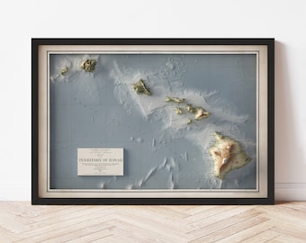 Hawaii Map  (1918) - Elevation Map - Map Art - Topographic - Terrain - Relief - Geologic - 3D Effect (Flat Print) - Gift