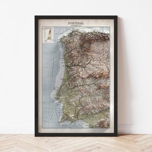 Portugal and Western Spain Map  (1922) - Elevation Map - Map Art - Topographic - Terrain - Relief - Geologic - 3D Effect (Flat Print) - Gift