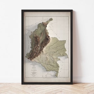 Colombia Topographic Map Poster | 1943 Vintage Replica | Giclee Wall Art Print | Framed Home Decor | 3D Relief Illusion