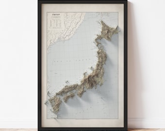 Japan Map  (1901) - Elevation Map - Map Art - Topographic - Terrain - Relief - Geologic - 3D Effect (Flat Print) - Gift