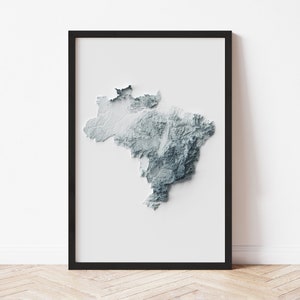 Póster del mapa topográfico de Brasil / Diseño minimalista original / Impresión giclée de arte mural enmarcada para decoración del hogar con ilusión de relieve 3D
