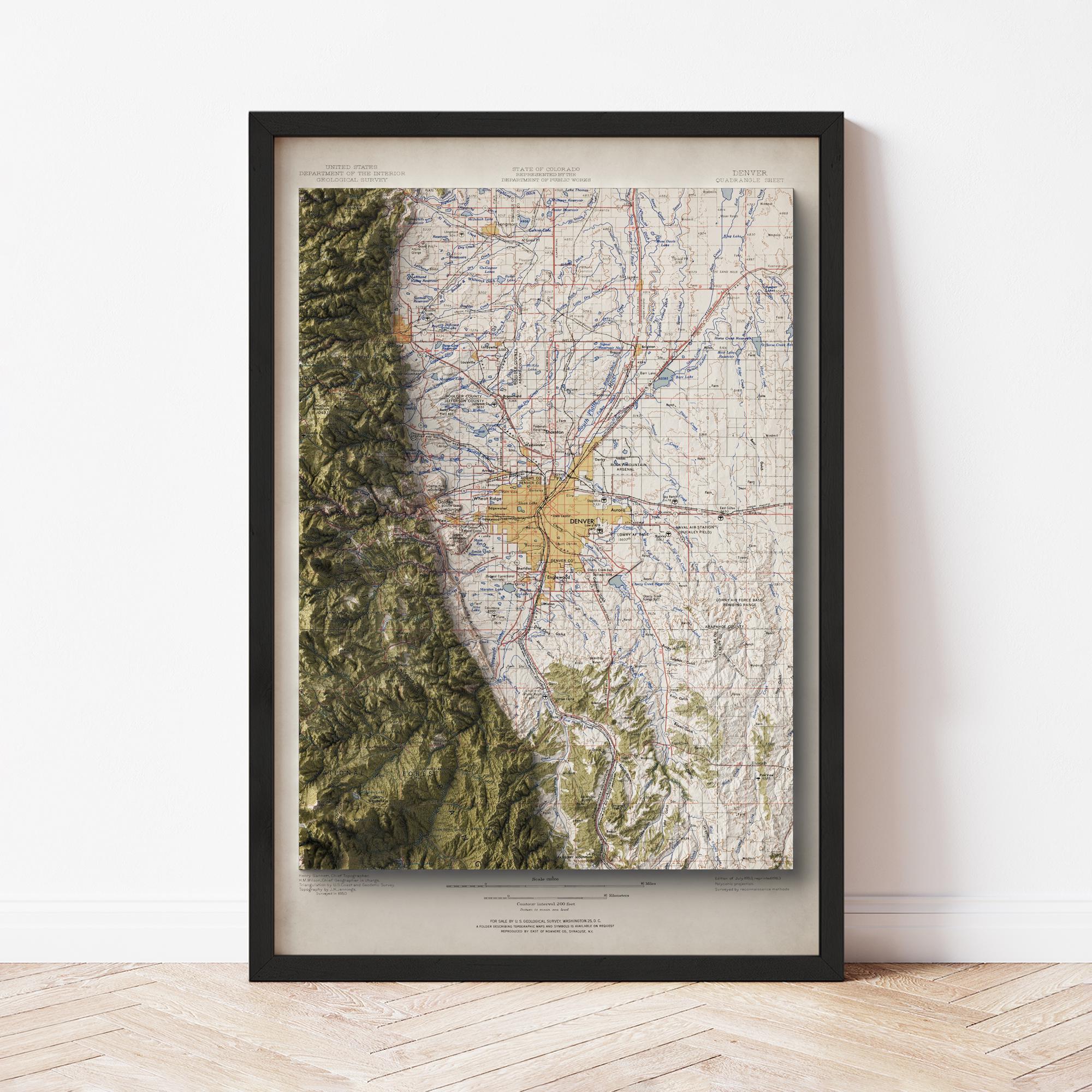 Mapa topográfico de Denver: Impresión Giclée de estilo vintage de 1963